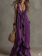 Shopimist ruffled sleeveless maxi dress with flowing fabric and layered design, perfect for summer or special occasions.