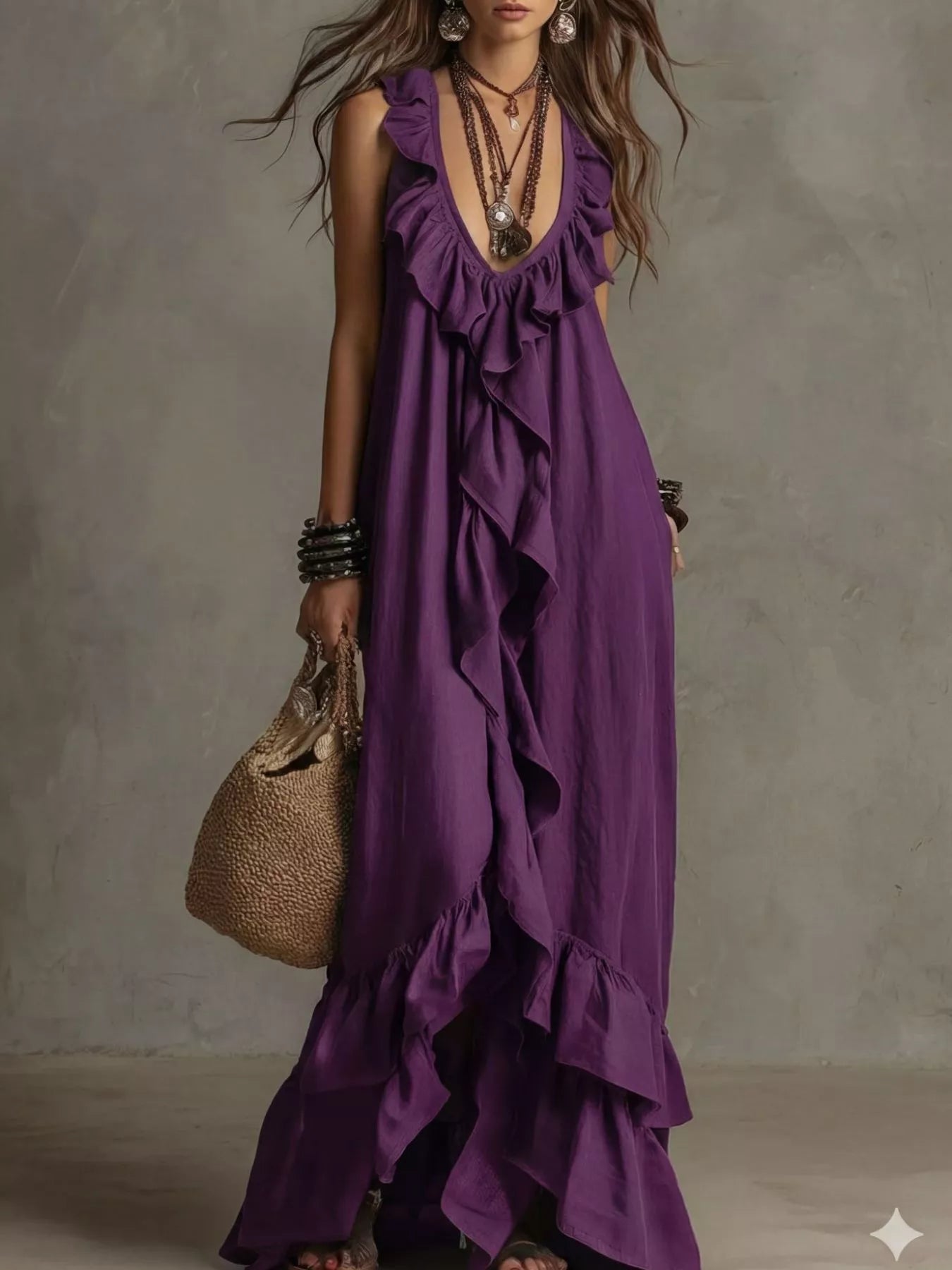 Shopimist ruffled sleeveless maxi dress with flowing fabric and layered design, perfect for summer or special occasions.
