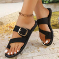 Shopimist toe loop buckle sandals with strappy design and adjustable ankle strap on a neutral background.