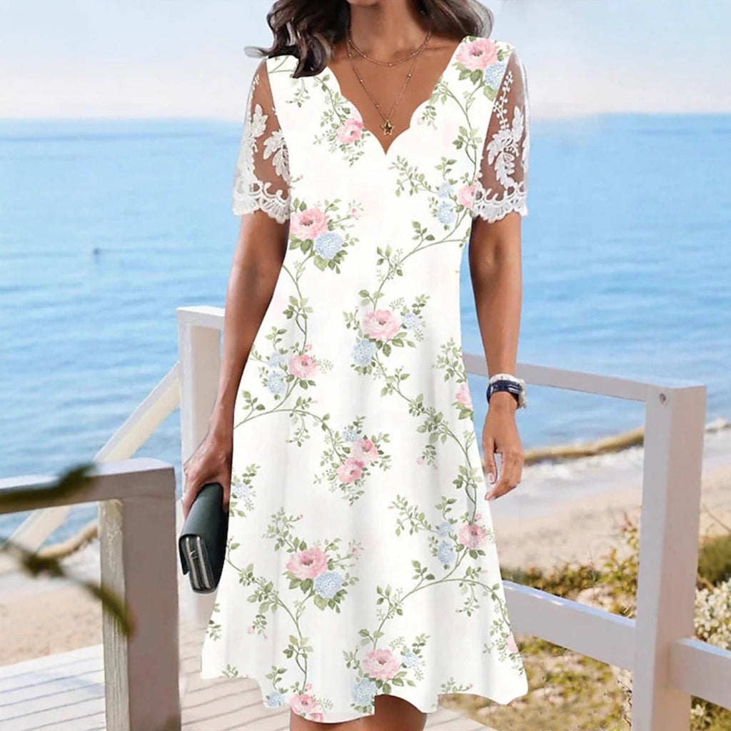 Women's floral lace high-waist A-line midi dress with flounce neckline, stylish and elegant, by FitiqueFit.