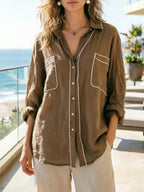 Shopimist contrast trim button-up long sleeve shirt with a classic collar and white buttons, featuring stylish contrast detailing.