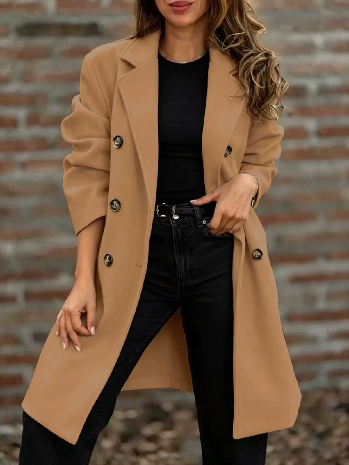 Plus size double-breasted lapel collar coat by Trendsi, casualwear in full size, shown with front view and lapel details.