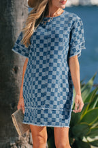 Jessie Hem Checkered Mini Dress by Threaded Pear featuring a stylish checkered pattern and a flattering mini length.
