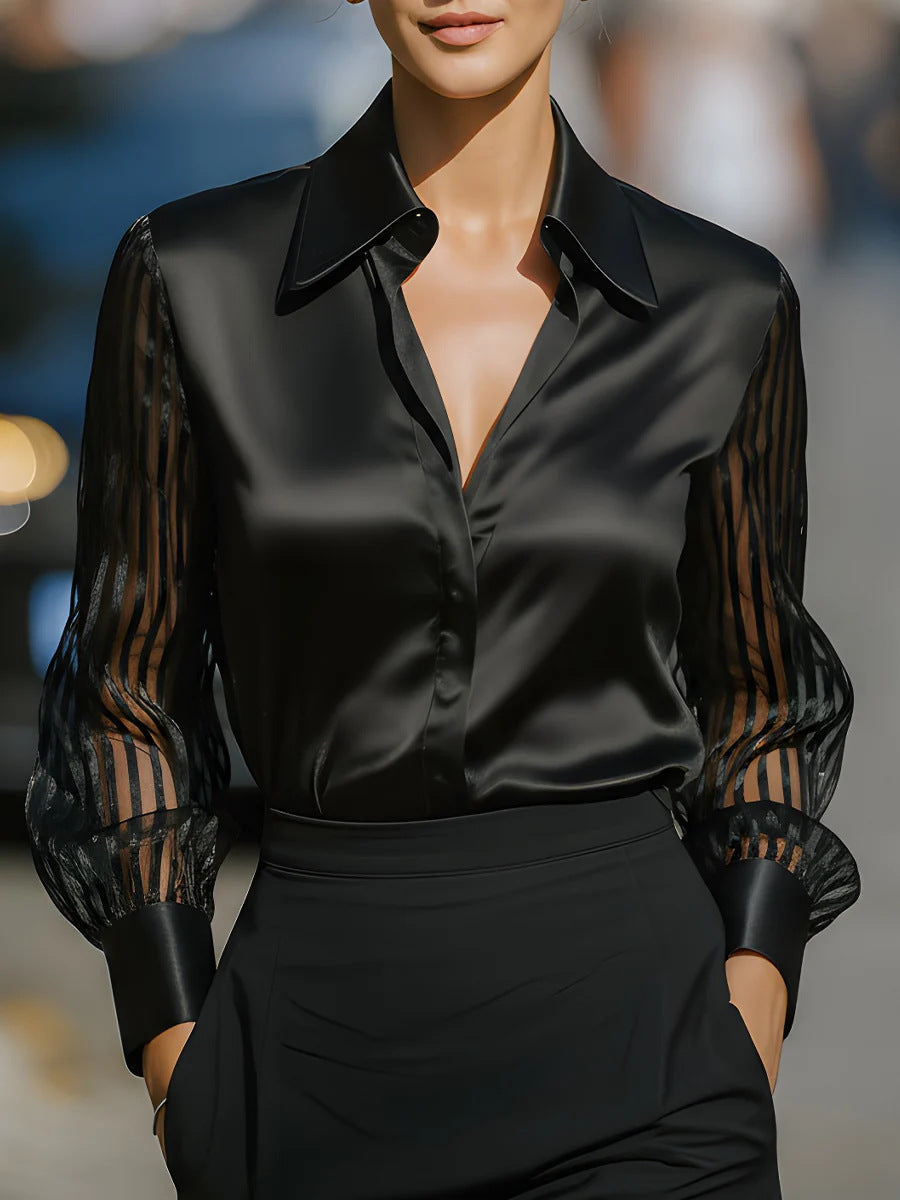 Loose satin long sleeve shirt for women in solid color, featuring a versatile and relaxed fit, by LadyShow.Store.