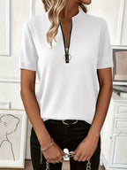 Women's ribbed short sleeve casual top with half zip, soft stretch fabric, from Trendsi, shown in a relaxed pullover style
