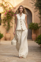 Women's sleeveless vest and wide-leg pants two-piece set in breathable cotton linen, stylish and comfortable by FitiqueFit.