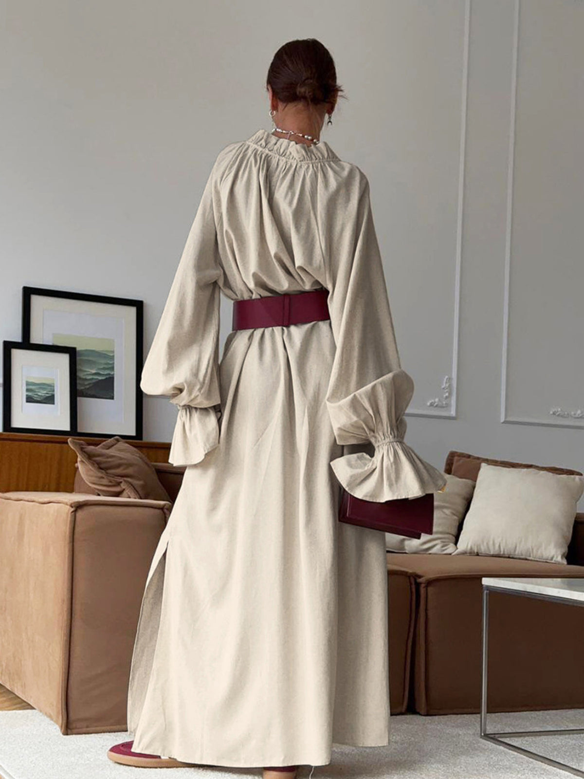 Cotton linen maxi dress with tie neck and flounce sleeves by Plush Fashion Hub, shown in a flowing, elegant design.