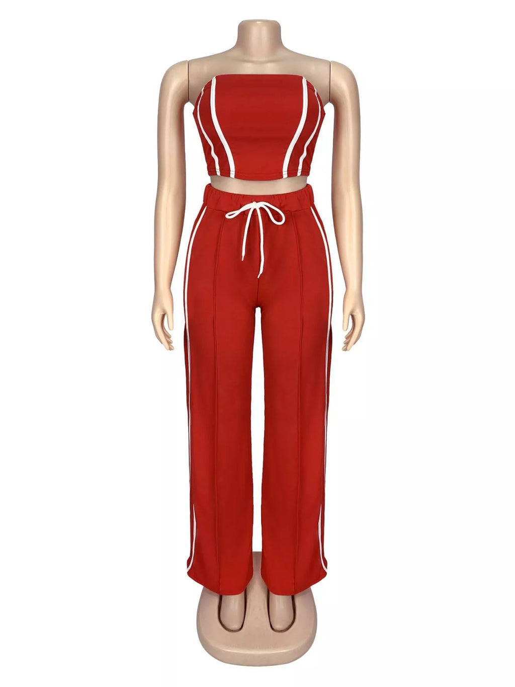 Trendsi sleeveless tube top and wide-leg pants set, stylish matching outfit, black fabric, casual chic look.