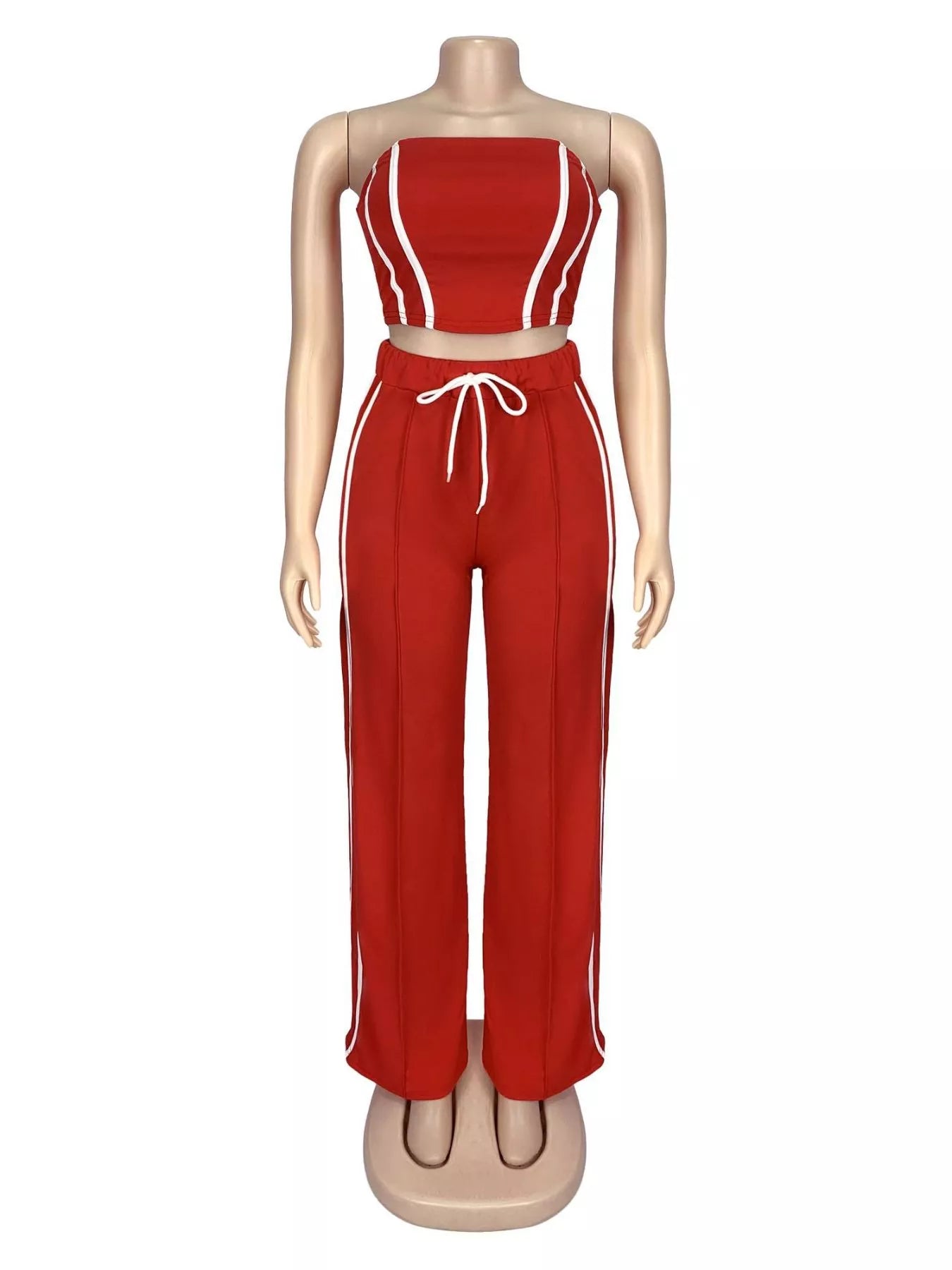 Trendsi sleeveless tube top and wide-leg pants set, stylish matching outfit, black fabric, casual chic look.