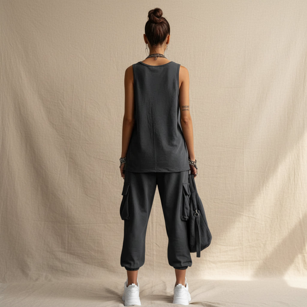 Women's sleeveless tank top and cropped ankle pants two-piece set by Plush Fashion Hub, featuring a casual, stylish look.