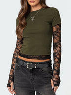Women's elegant lace sleeve fitted T-shirt by Trendsi, showcasing a stylish casual top with delicate lace details and a flattering fit.