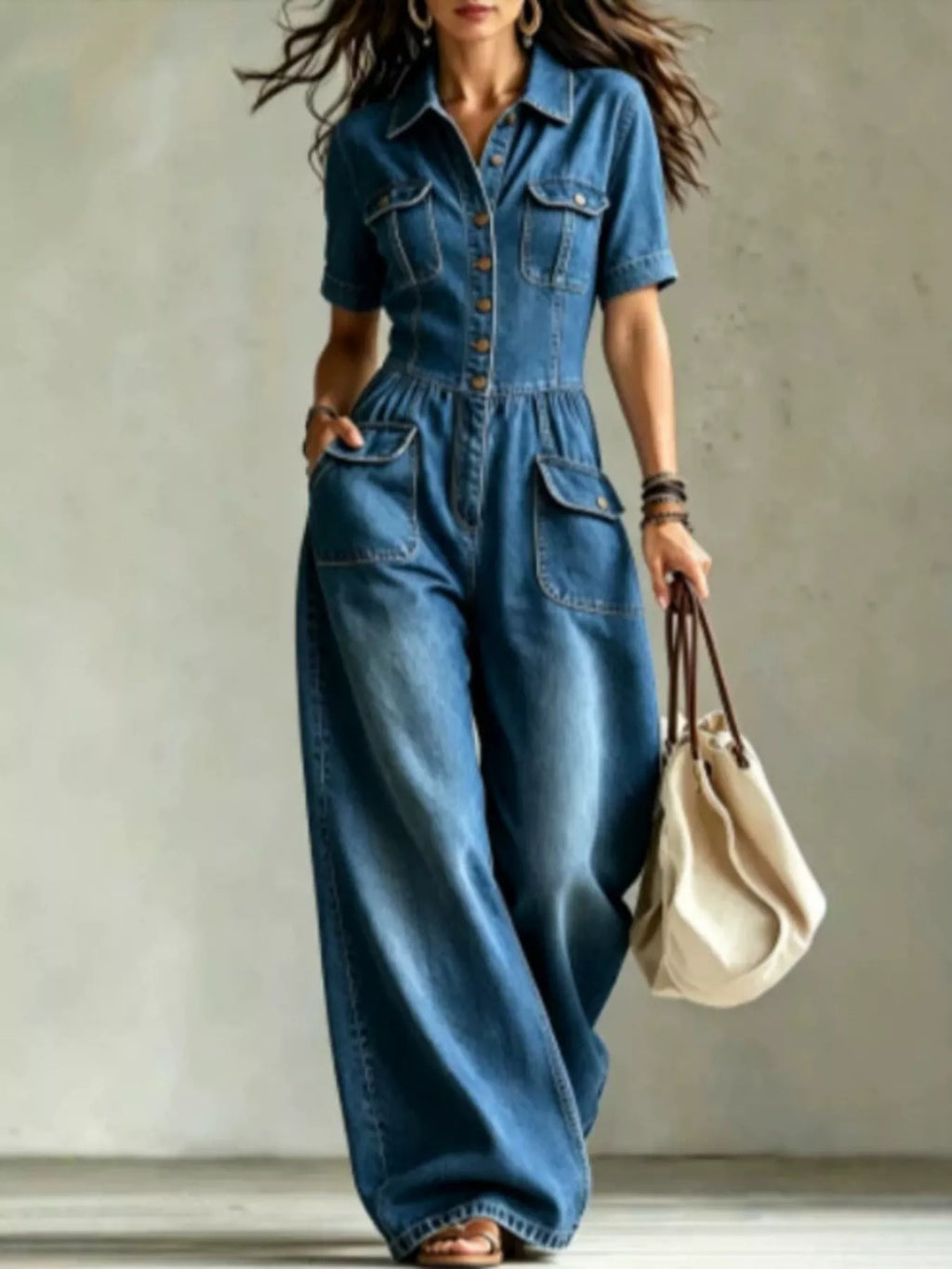 Plus size denim wide-leg jumpsuit with chest pockets, stylish and comfortable Trendsi jumpsuit in full size, front view.