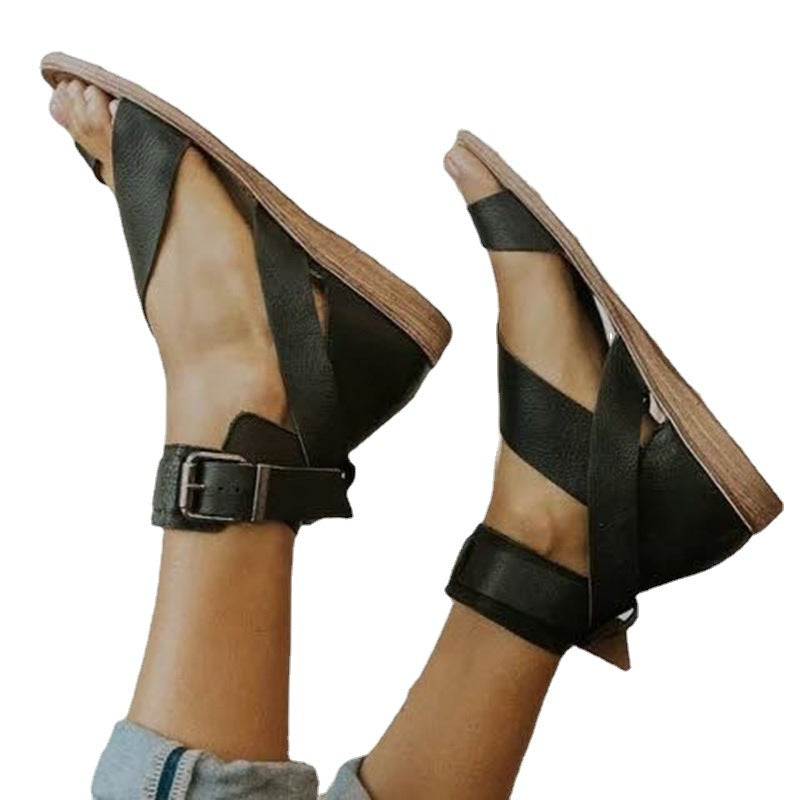 Plus size Roman style women's buckle toe slippers flat sandals by Plush Fashion Hub, featuring buckle detail and open toe design.