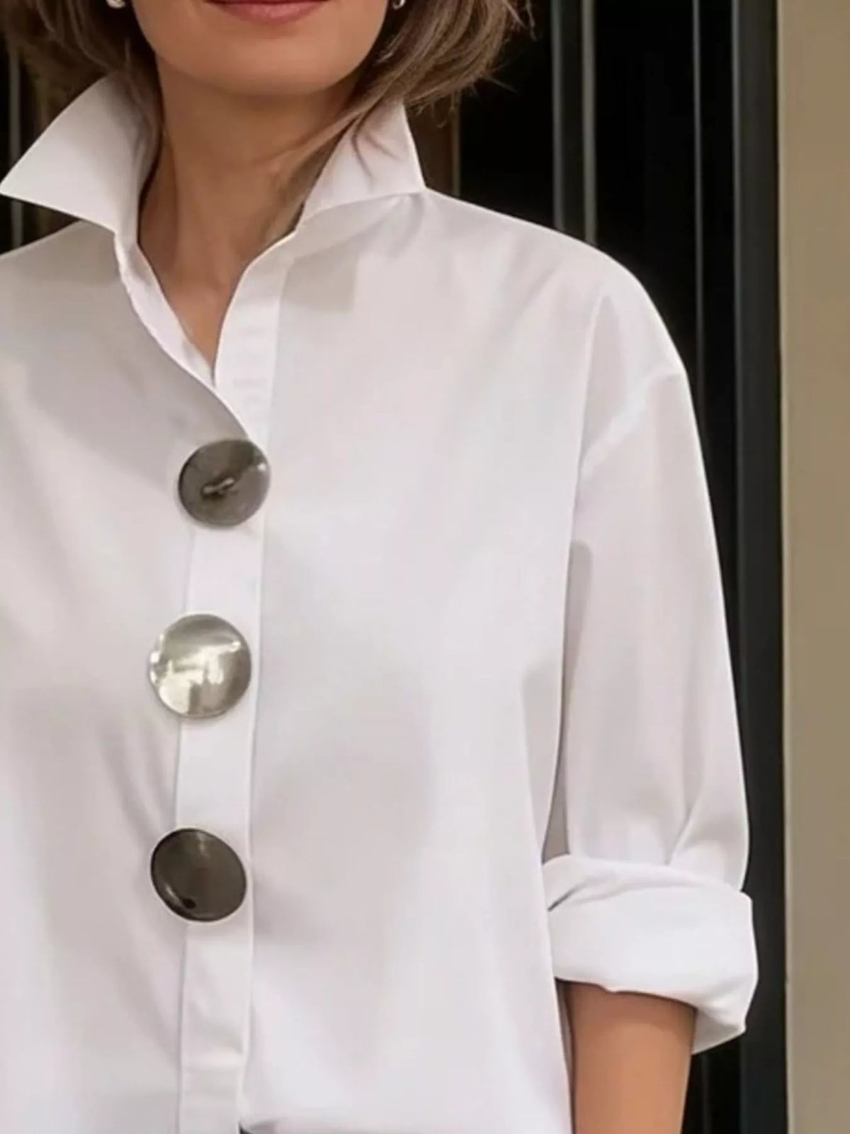 Plus size Trendsi long sleeve shirt with oversized metal buttons, featuring a full-size, relaxed fit and casual style.