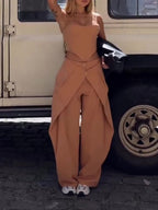 Camel spaghetti strap corset top and wide-leg pants set by FitiqueFit, casualwear, shown with the top and pants styled together.
