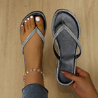 Plush Fashion Hub rhinestone toe post sandals with sparkling embellishments and comfortable flat sole.