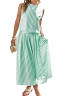 Women's striped sleeveless top and midi skirt two-piece set by Trendsi, featuring a stylish, coordinated fashion ensemble.