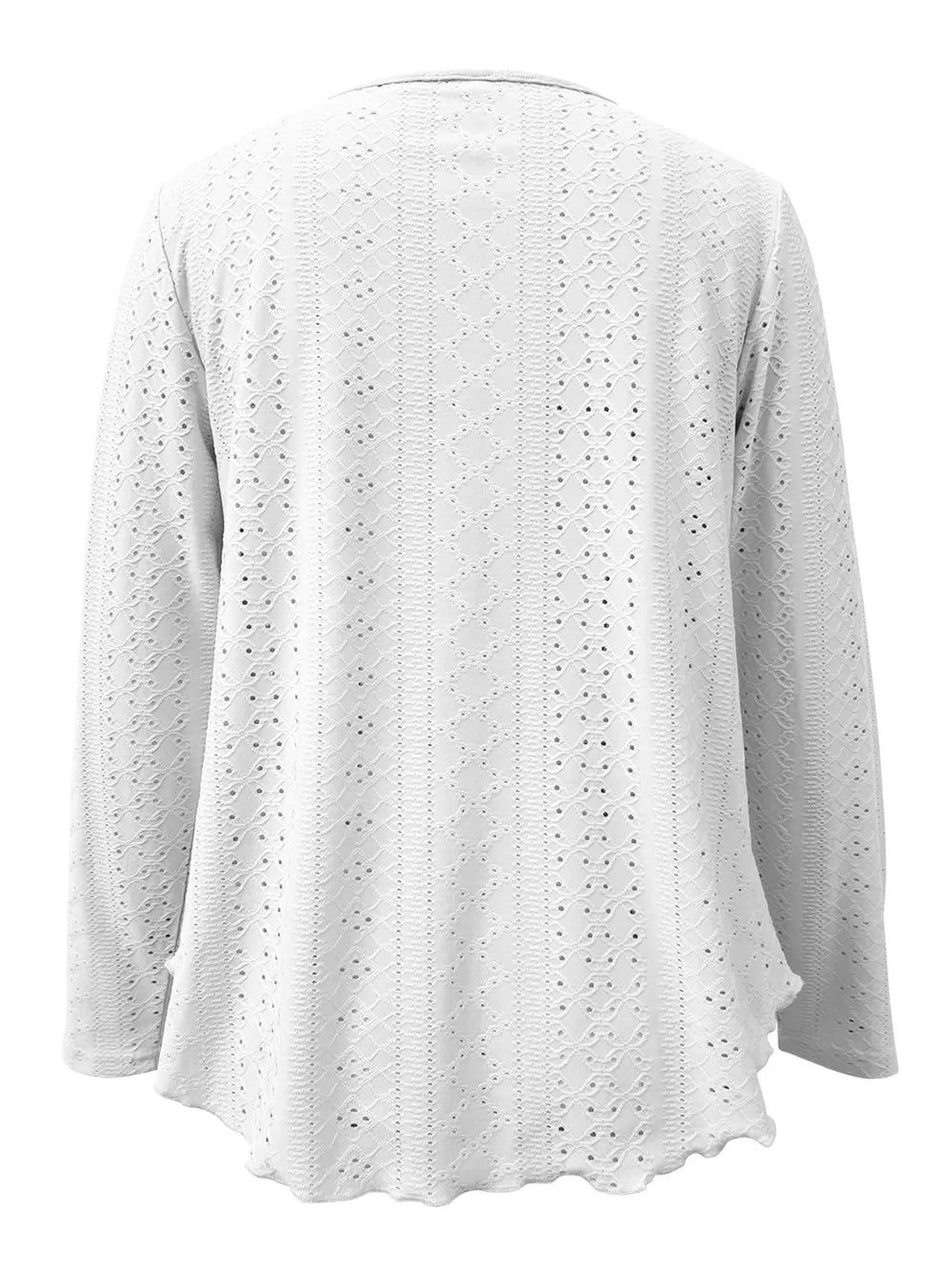 Elegant women's eyelet long sleeve blouse by Plush Fashion Hub, featuring versatile stretchy fabric and stylish office-appropriate design.