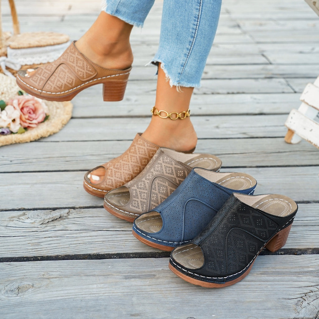 Women's chic peep toe block heel sandals by Trendsi, showcasing a stylish mid-heel design with comfortable dress shoe style.