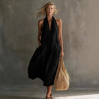 Women's retro V-neck slip dress by FitiqueFit, loose fit sleeveless casualwear, shown in a relaxed, flowy style.