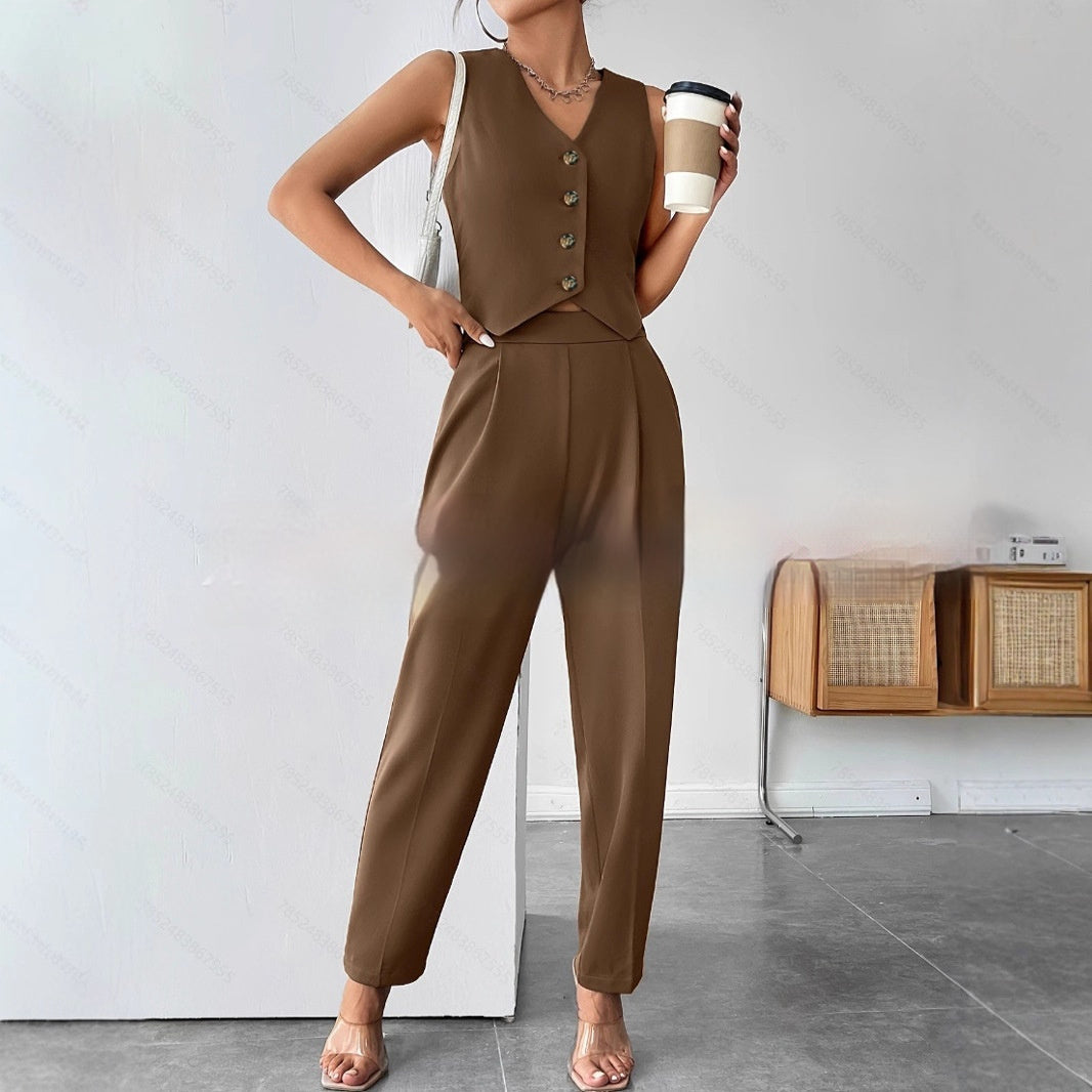 Women’s coffee-colored sleeveless pleated jumpsuit by FitiqueFit, casualwear style, displayed on a hanger.