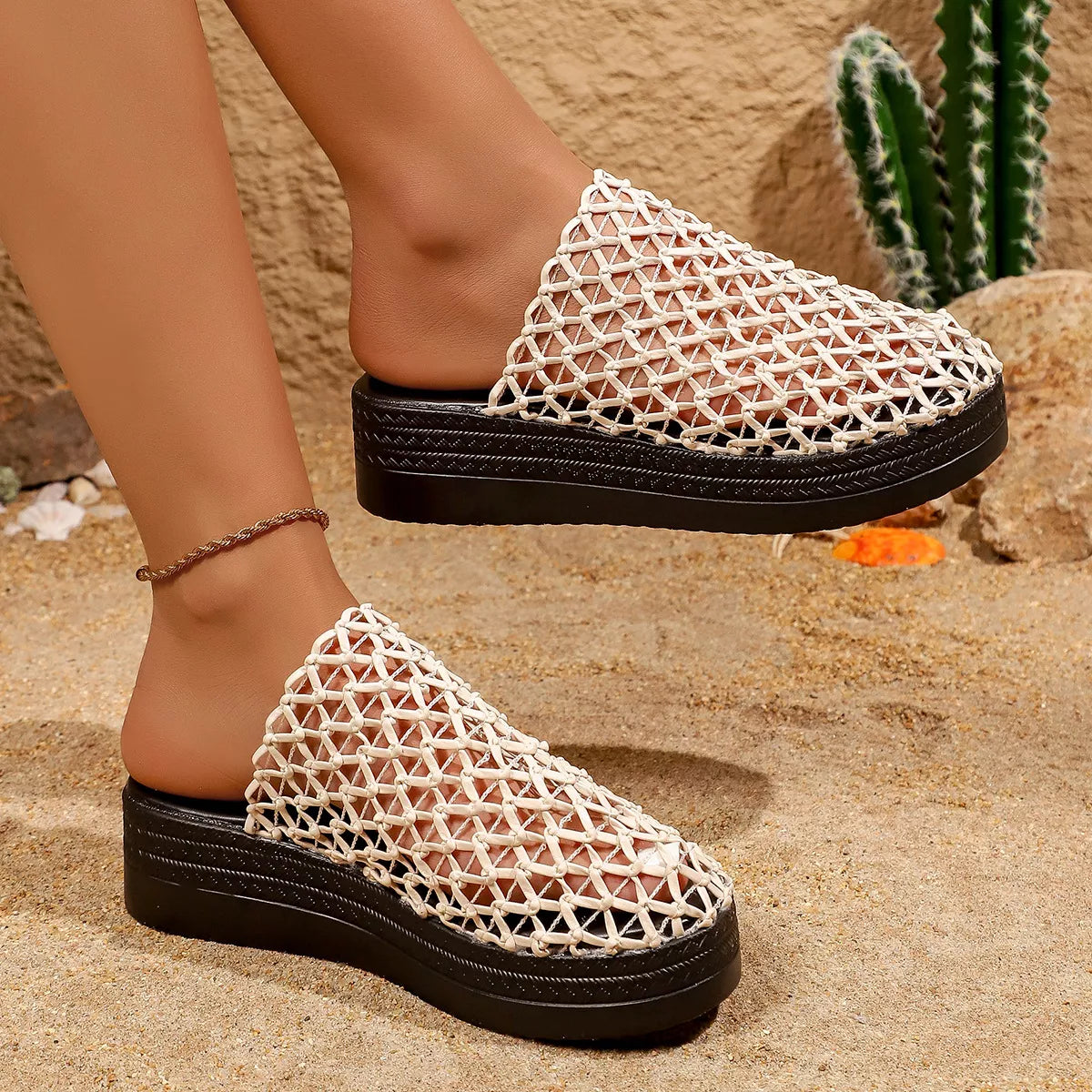 Shopimist round toe platform sandals with chunky sole and ankle strap, showcasing their stylish design and beige color.