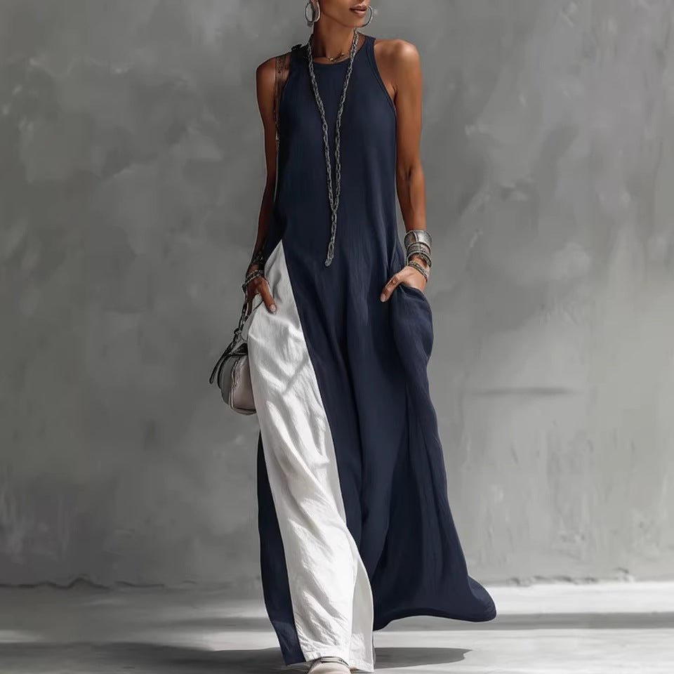 Women's sleeveless off-shoulder loose maxi dress with pockets by FitiqueFit, shown in a casual wear style on a model.
