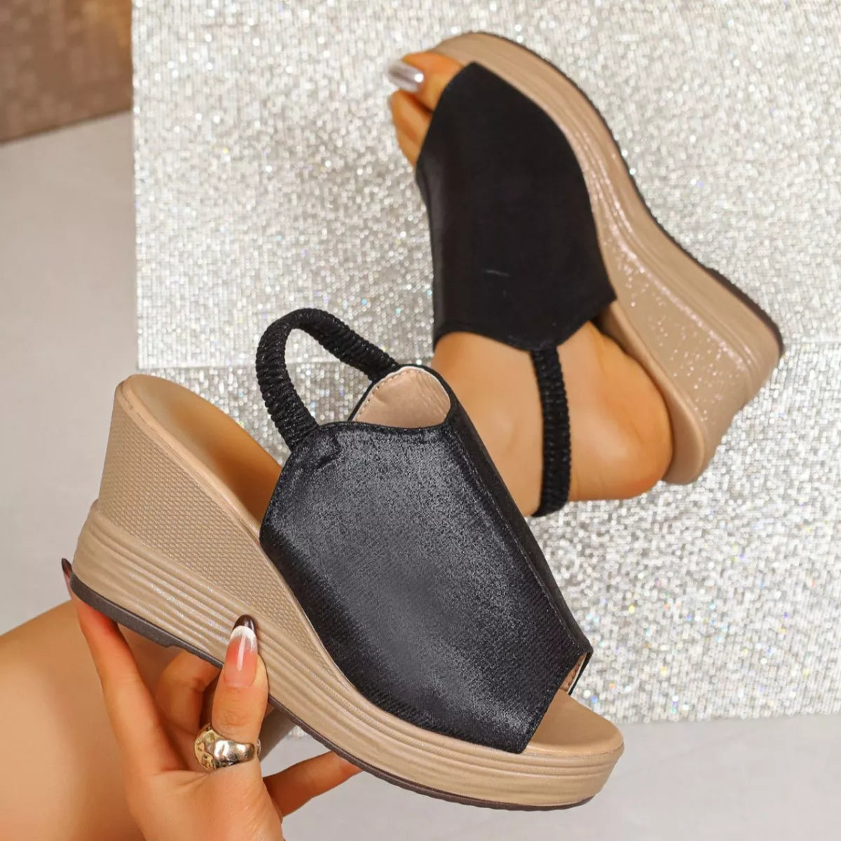 Open toe wedge sandals by Shopimist featuring tan straps and a cork heel, perfect for casual summer wear.