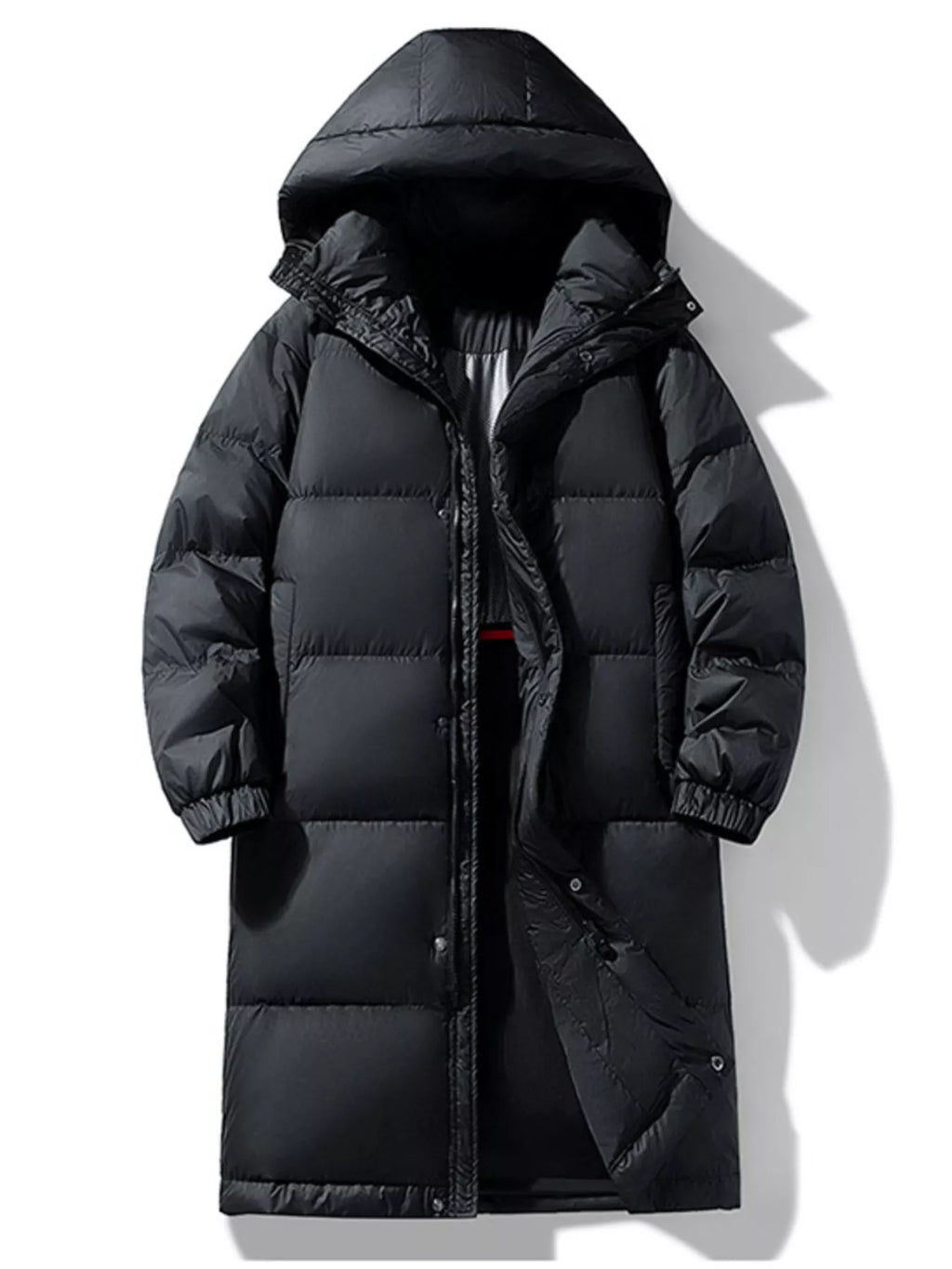 Men's full-size longline hooded down coat by Shopimist, showing the black insulated coat with a hood and quilted design.
