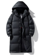Men's full-size longline hooded down coat by Shopimist, showing the black insulated coat with a hood and quilted design.