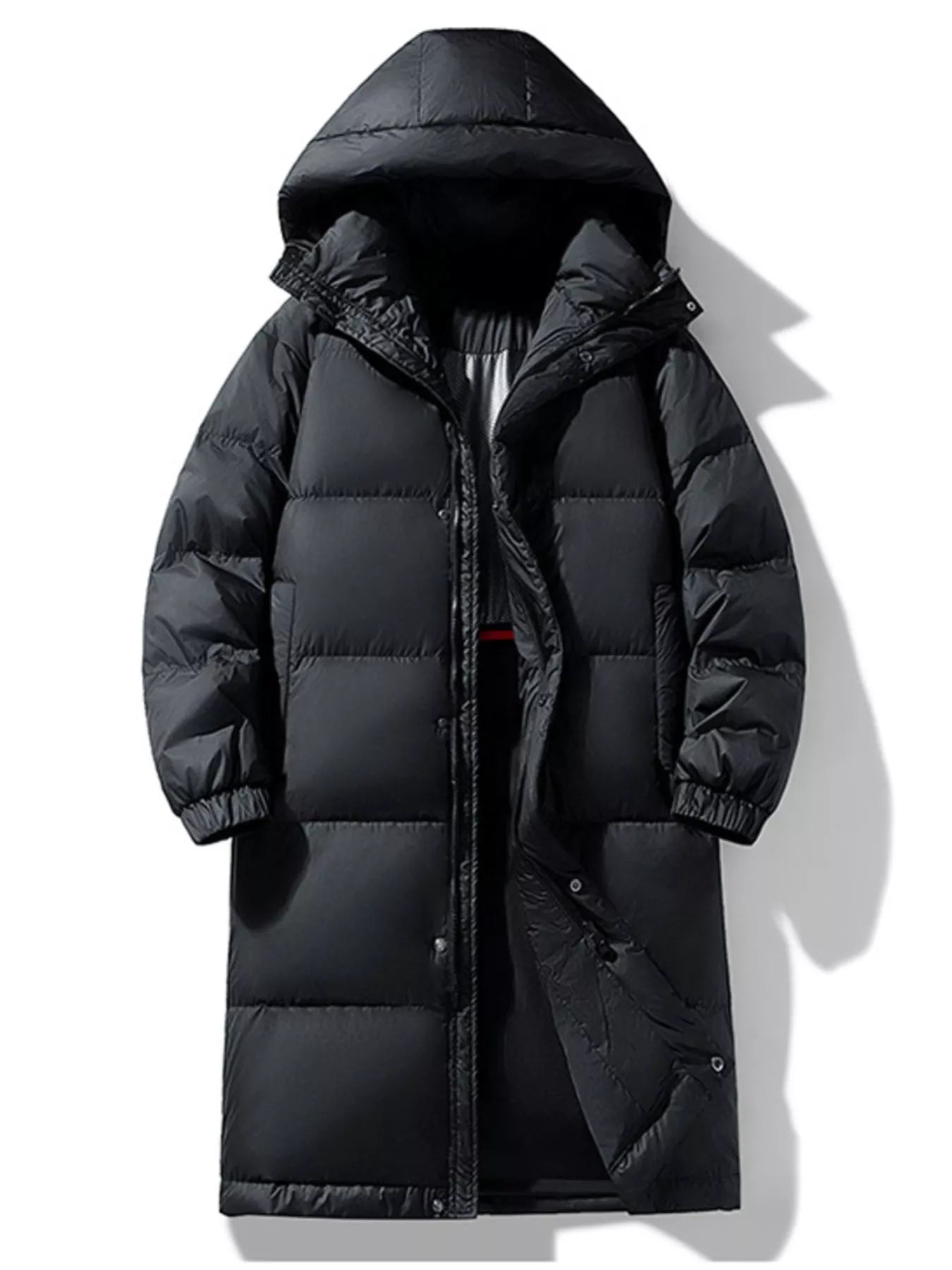 Men's longline hooded down coat in plus size, black with quilted design, from Shopimist, featuring a hood and insulated construction.