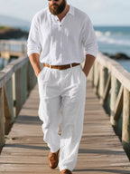 Plus size men's long sleeve top and pants set by Shopimist, casual full-body outfit, navy blue, comfortable fit, front view.