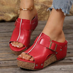 Women's open toe wedge sandals by Trendsi with comfortable PU leather straps and high heel, stylish and perfect for warm weather.