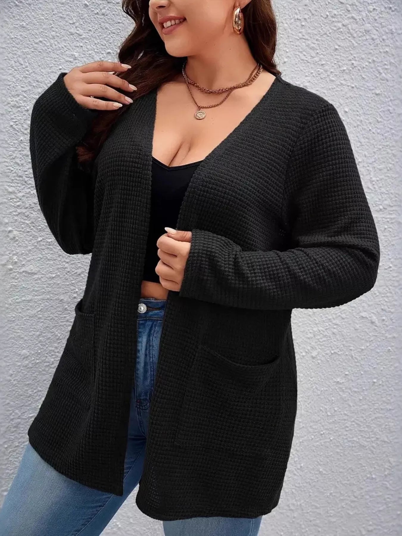 Plus size open front long sleeve knit cardigan by Shopimist, featuring a cozy, stylish design with a relaxed fit and soft fabric.