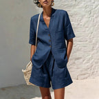 Women's cotton-linen loose-fit T-shirt and cropped shorts casualwear set by FitiqueFit, shown in a relaxed, stylish fit.