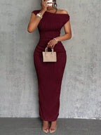 One-shoulder textured maxi dress in soft fabric, featuring a flowing silhouette and stylish design by Plush Fashion Hub.