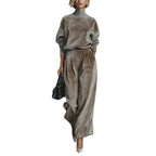 Plush Fashion Hub casual warm velour long-sleeve high-neck zipper sportswear in solid color with wide-leg design, displayed on a model.