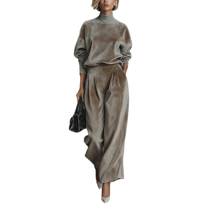 Plush Fashion Hub casual warm velour long-sleeve high-neck zipper sportswear in solid color with wide-leg design, displayed on a model.
