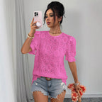 Women's loose fit lace puff-sleeve shirt top with hollow-out details, casualwear by Plush Fashion Hub, shown on a model.