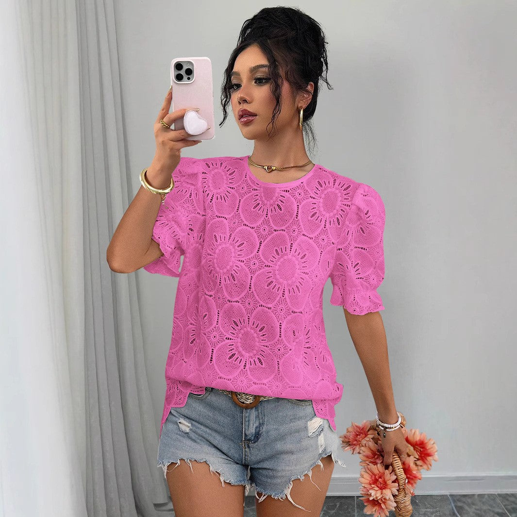 Women's loose fit lace puff-sleeve shirt top with hollow-out details, casualwear by Plush Fashion Hub, shown on a model.