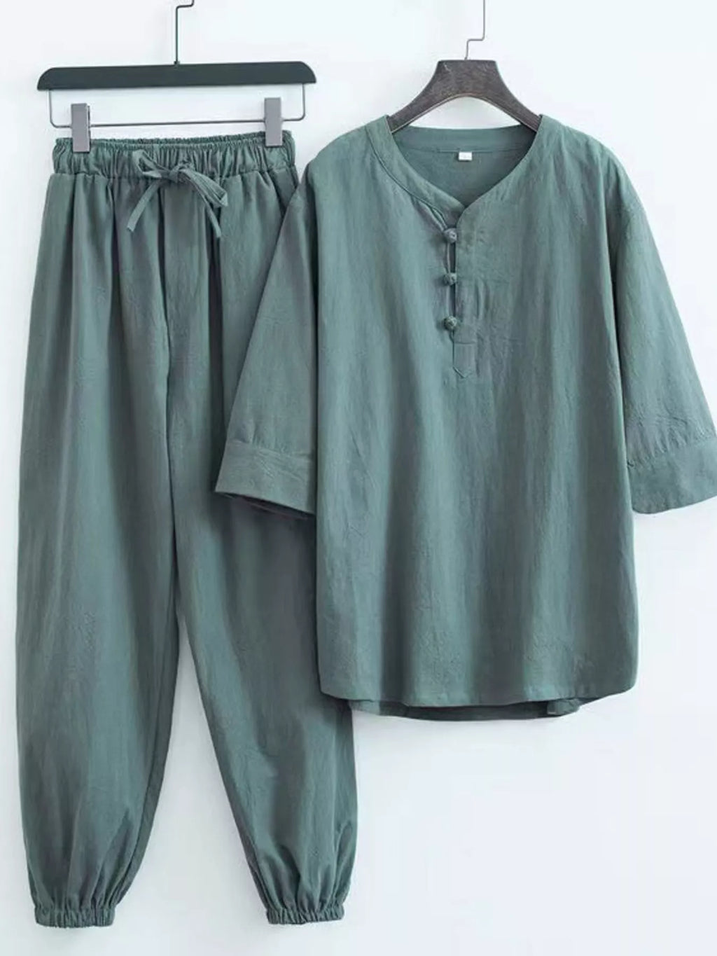 Plus size men's Chinese style top and pants set by Shopimist, featuring traditional design and comfortable fit.