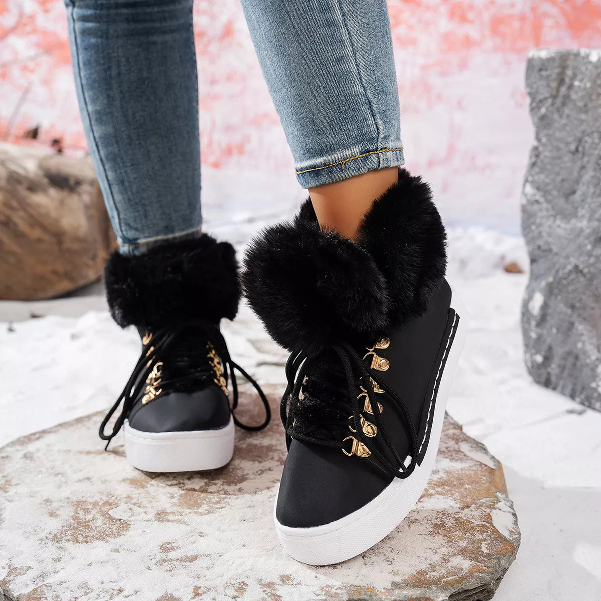Fuzzy trim lace-up ankle boots by Simply Love featuring soft material and stylish design, shown from a side view.