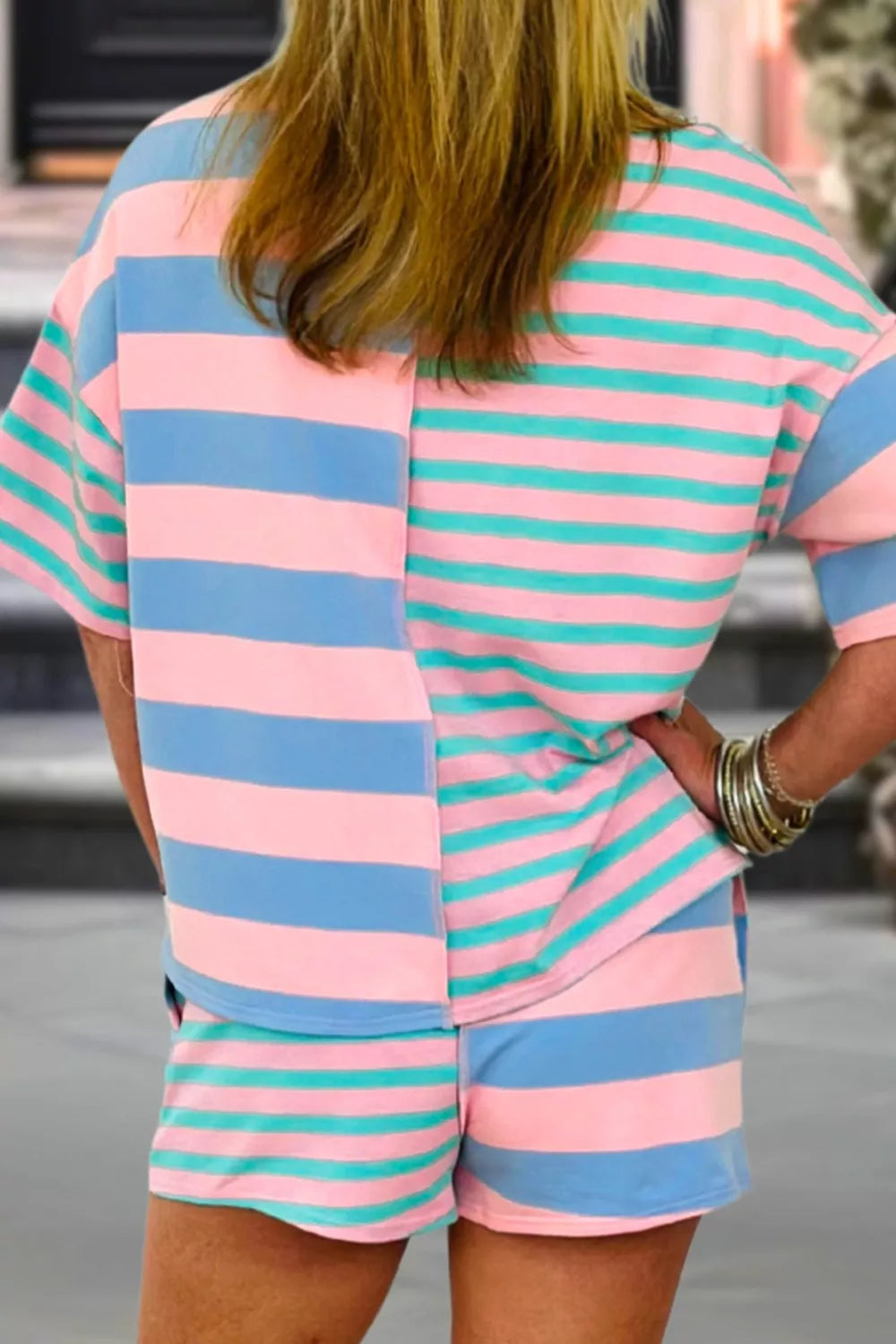 Stripe exposed seam mixed patchwork loose short set by Plush Fashion Hub, featuring casual striped shorts with patchwork details.