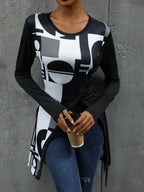 Trendy Perfee geometric round neck long sleeve T-shirt by Trendsi, featuring a modern design and comfortable fit.