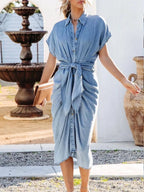 VYSN denim dress with collared neck, tie waist, and short sleeves, stylish casual fashion for women.