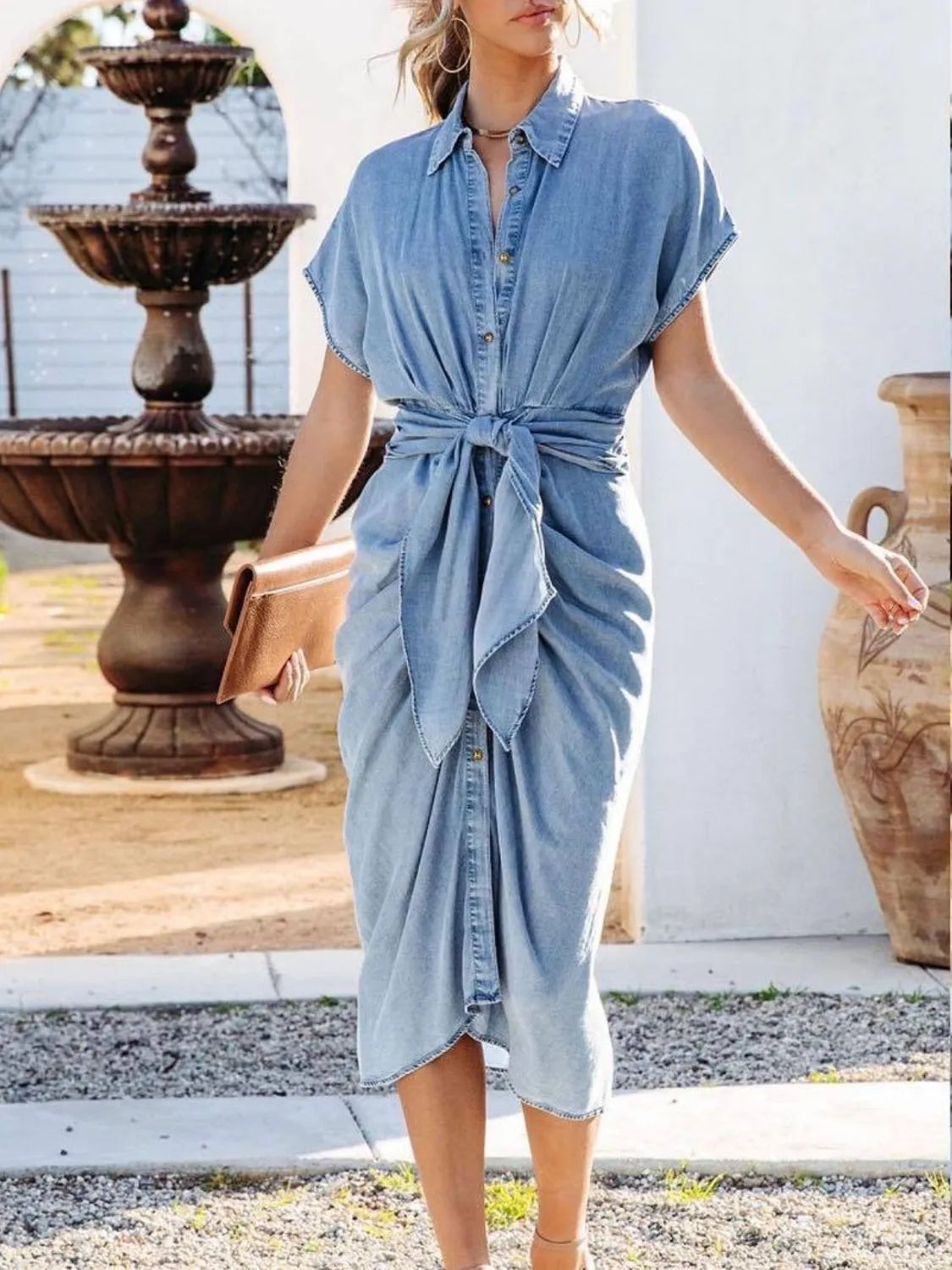Plush Fashion Hub short sleeve denim dress with collared neck and tie waist, casual fashion perfect for everyday wear