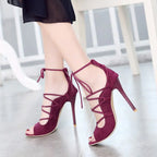 Trendy Attic Store01 women's Roman high heel peep toe sandals showing beige leather straps and peep toe design.