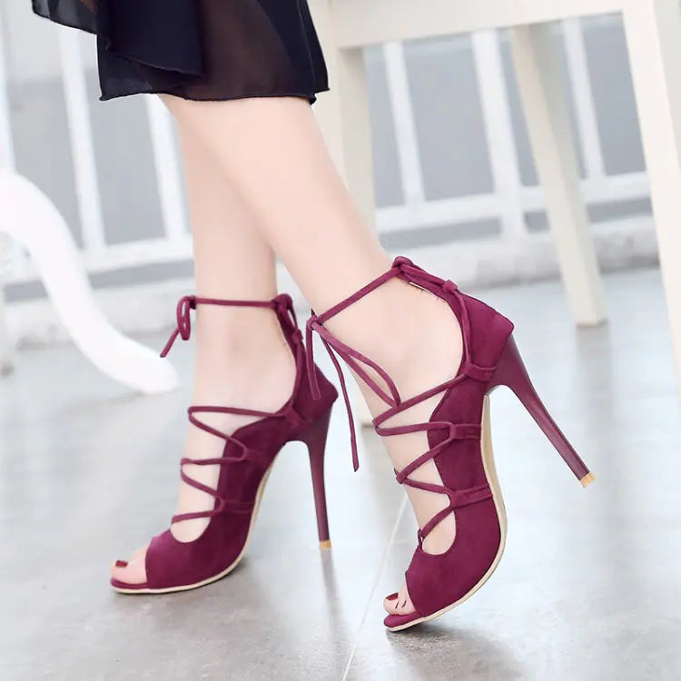 Trendy Attic Store01 women's Roman high heel peep toe sandals showing beige leather straps and peep toe design.