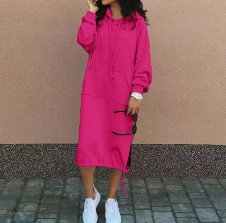 Women’s casual long-sleeved hooded sweater with front pocket and drawstring, made by Plush Fashion Hub, styled as a cozy sweatshirt
