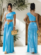 Plush Fashion Hub one-shoulder top and ruched maxi skirt set, stylish coordinated outfit with fitted top and flowing skirt.